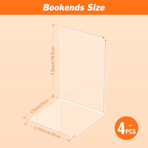 Minimalist Acrylic Bookends 4 Pcs, Clear Book Ends for Shelves, Essentials