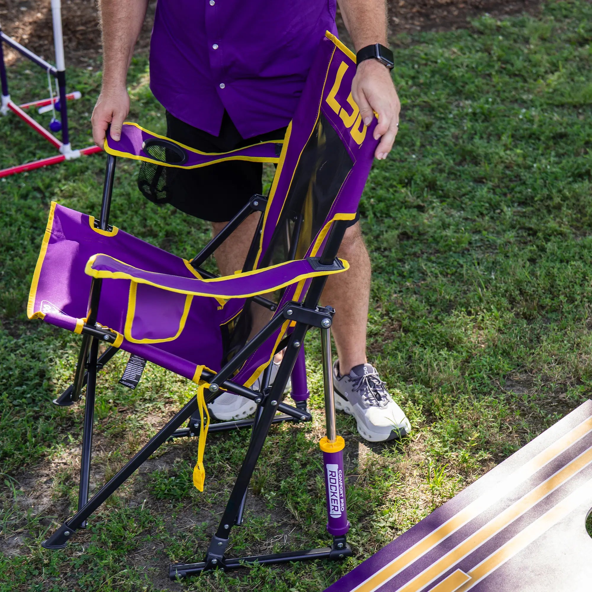 Patented Spring-Action College Comfort Pro Rocker - LSU Tigers - Choice 880 - Heavy-Duty Kickback Rocker with Beverage Holder Detail