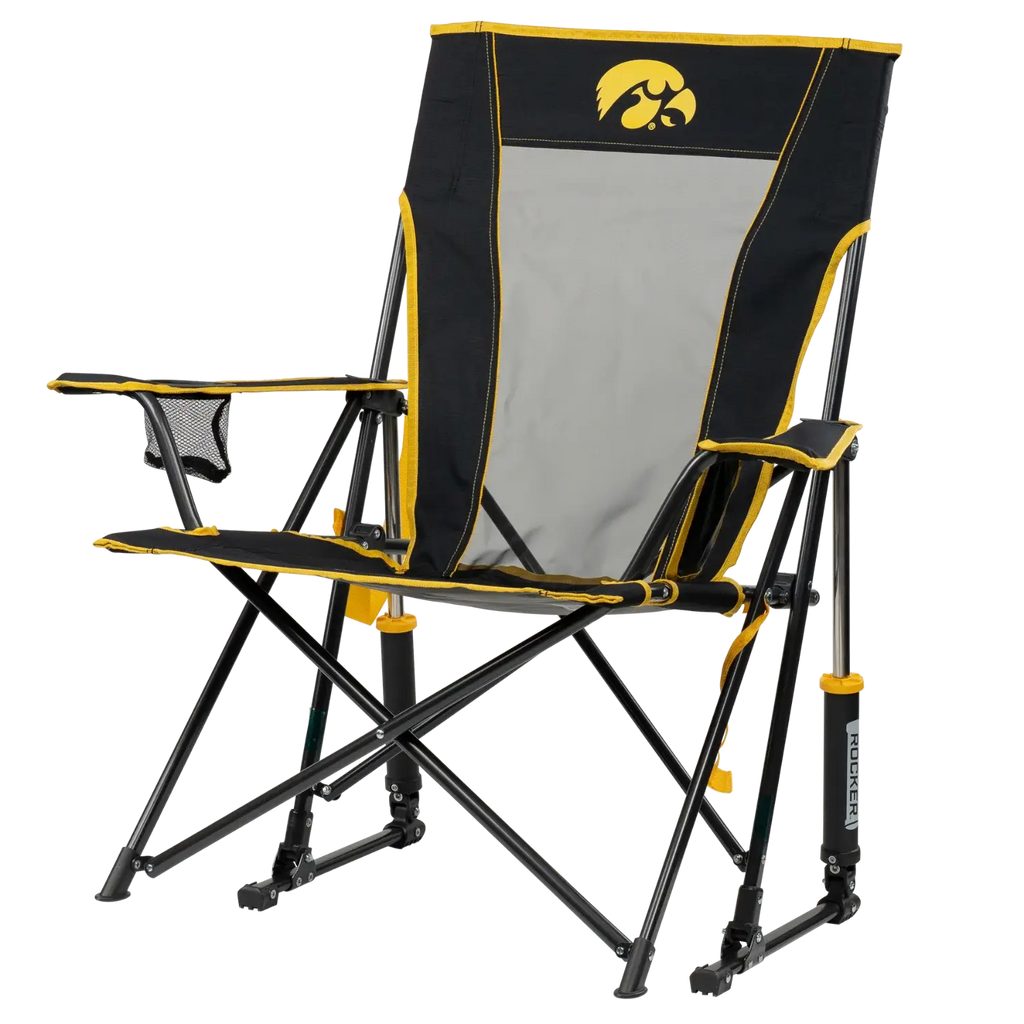 Patented Spring-Action College Comfort Pro Rocker - Iowa Hawkeyes - Choice 249 - Heavy-Duty Kickback Rocker with Beverage Holder Detail