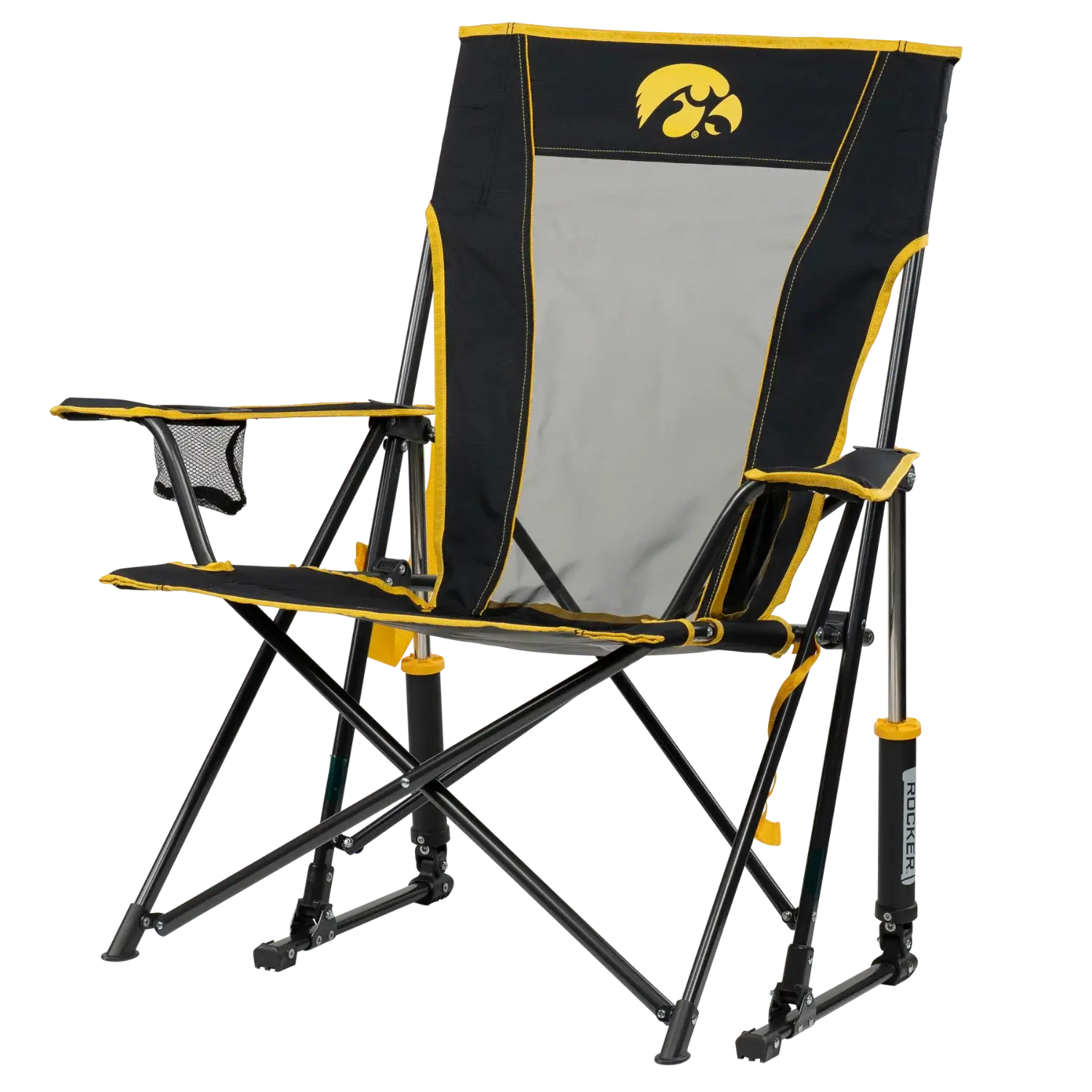 Patented Spring-Action College Comfort Pro Rocker - Iowa Hawkeyes - Choice 249 - Heavy-Duty Kickback Rocker with Beverage Holder Detail