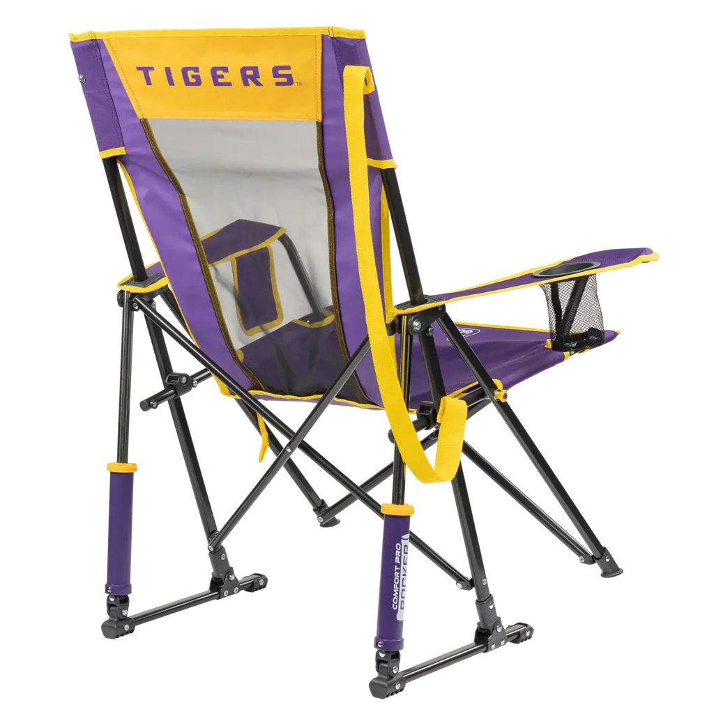 Patented Spring-Action College Comfort Pro Rocker - LSU Tigers - Choice 880 - Heavy-Duty Kickback Rocker with Beverage Holder Detail