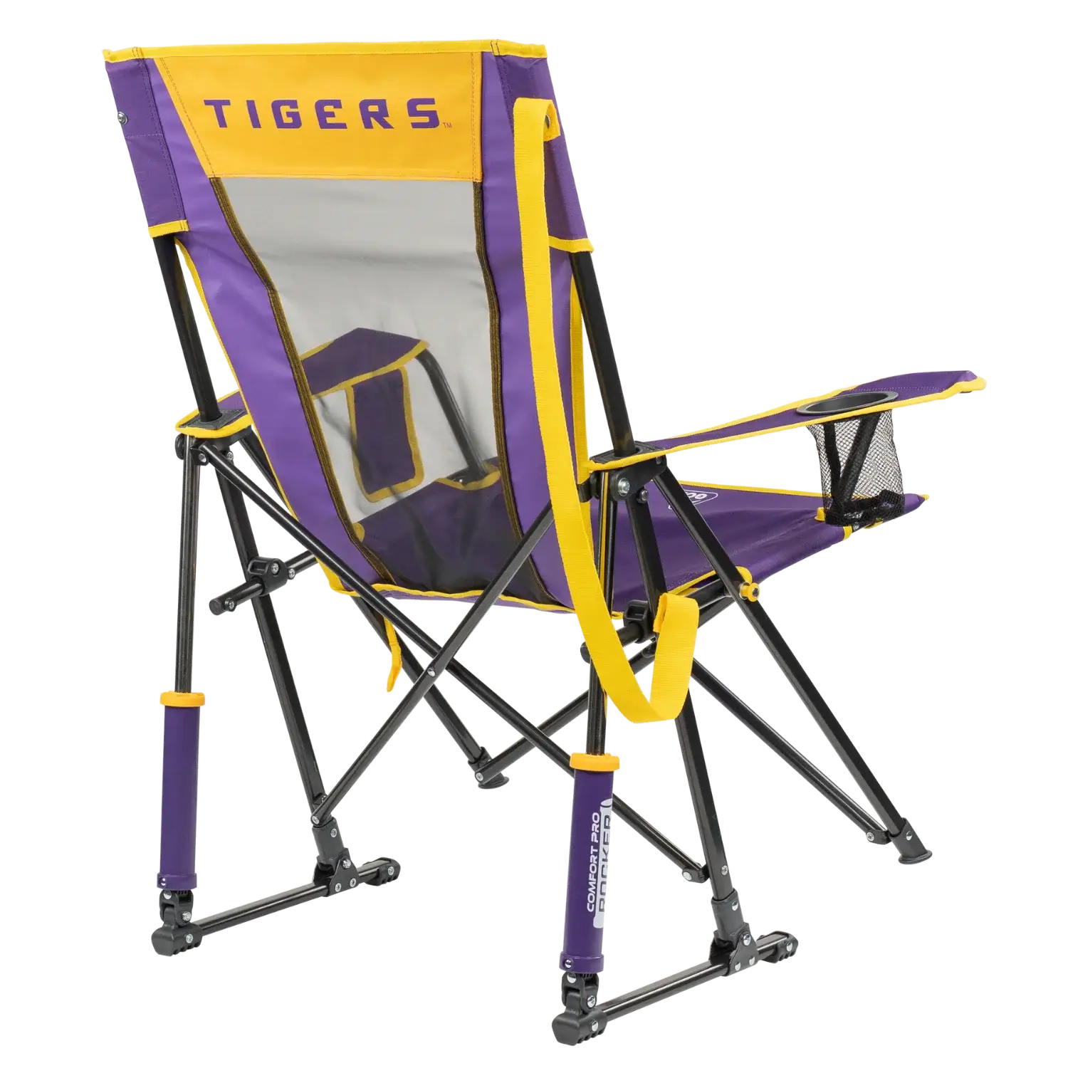 Patented Spring-Action College Comfort Pro Rocker - LSU Tigers - Choice 880 - Heavy-Duty Kickback Rocker with Beverage Holder Detail
